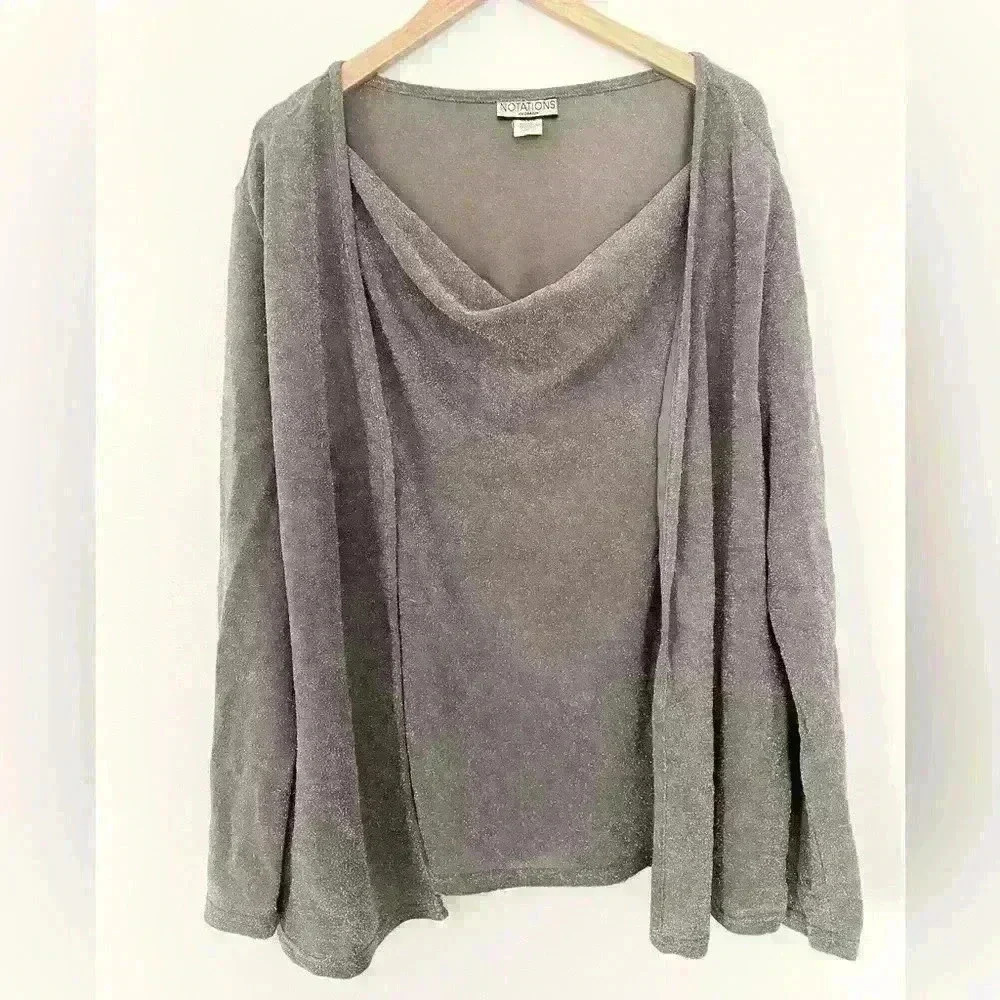 Notations Womens Size 3X Gray Crowl Neck Long Sleeve Blouse Holiday Sparkle